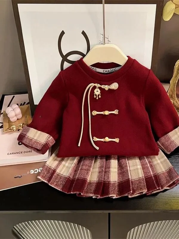 

Trendy Children's Winter Outfit Set Fce Plaid Skirt Long Sve round Ne Silk Top Baby Girl's Two-Piece Ensemble