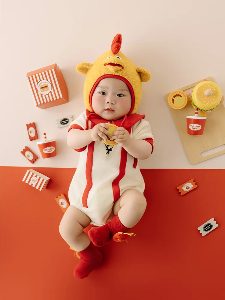 

100 Days Baby Milestone Photography Props Cute Chicken Hat Baby Costume Set Fast Food Theme Accessories for Studio Shooting Prop