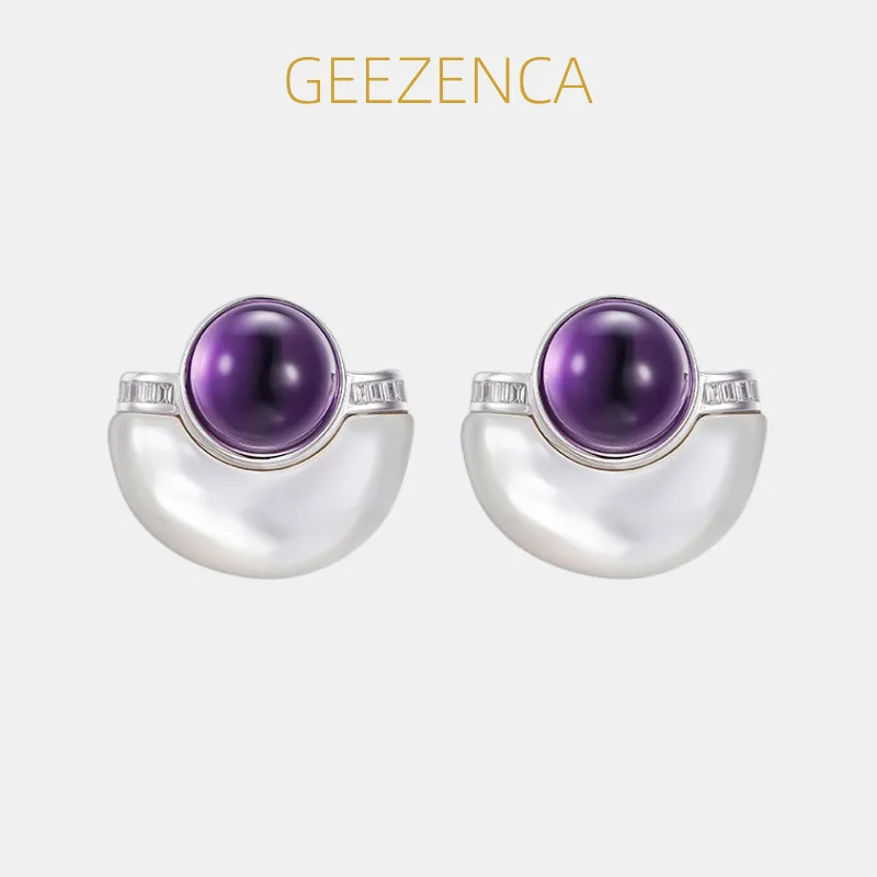 GEEZENCA Real 925 Silver Amethyst Mother of Pearl Big Semicircle Stud Earrings Women CZ Chunky Trendy Dainty Earring Luxury Gift