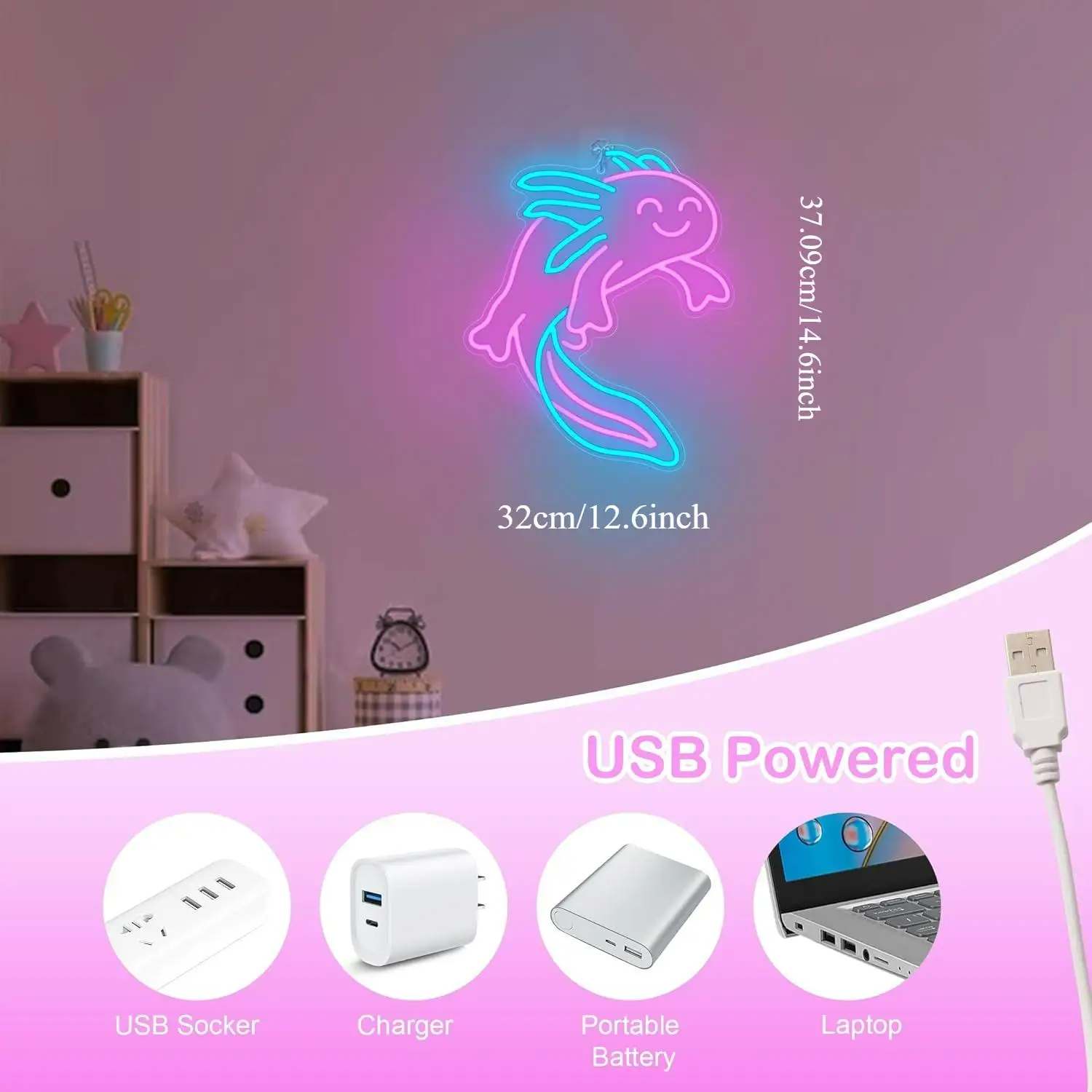 Conexão de alimentação elétrica do letreiro neon axolotl amonite