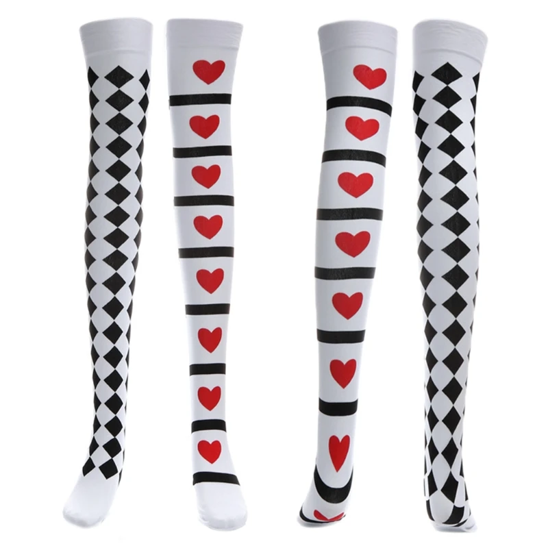 652F Poker Card Suit Print Thigh High Stockings Cosplay Costume Long Socks Halloween