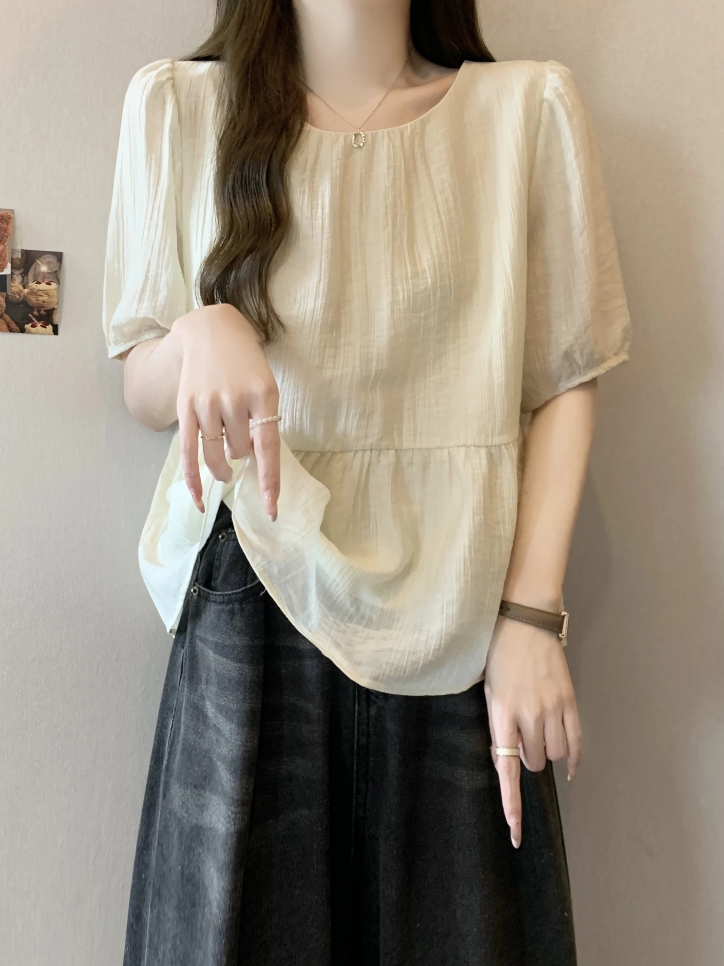 Slimming Bubble Short Sleeve Shirt Women's Summer New Large Size Fat MM Design Sense Short Base Top Korean Style Loose Fit