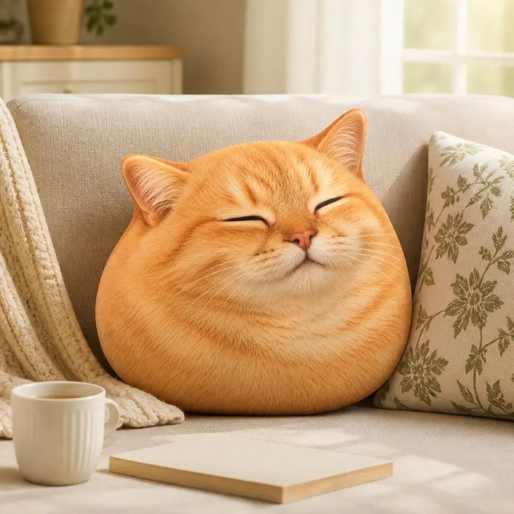 Chubby Ginger Cat Shaped Pillow Relaxed Kitty Cushion Stuffed Throw Pillow Cat Lover Gift Sofa Home Decor Bedroom Accent