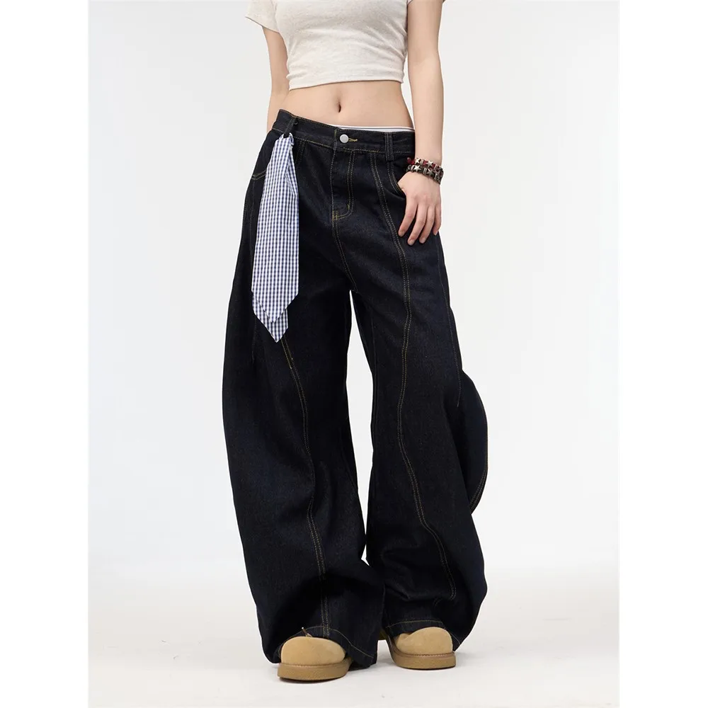 Denim Pant Women Jeans Mid Waist Trousers Vintage Loose Y2k Streetwear Work Casual Basic Splice Wide Leg Long Pants 2026 Autumn