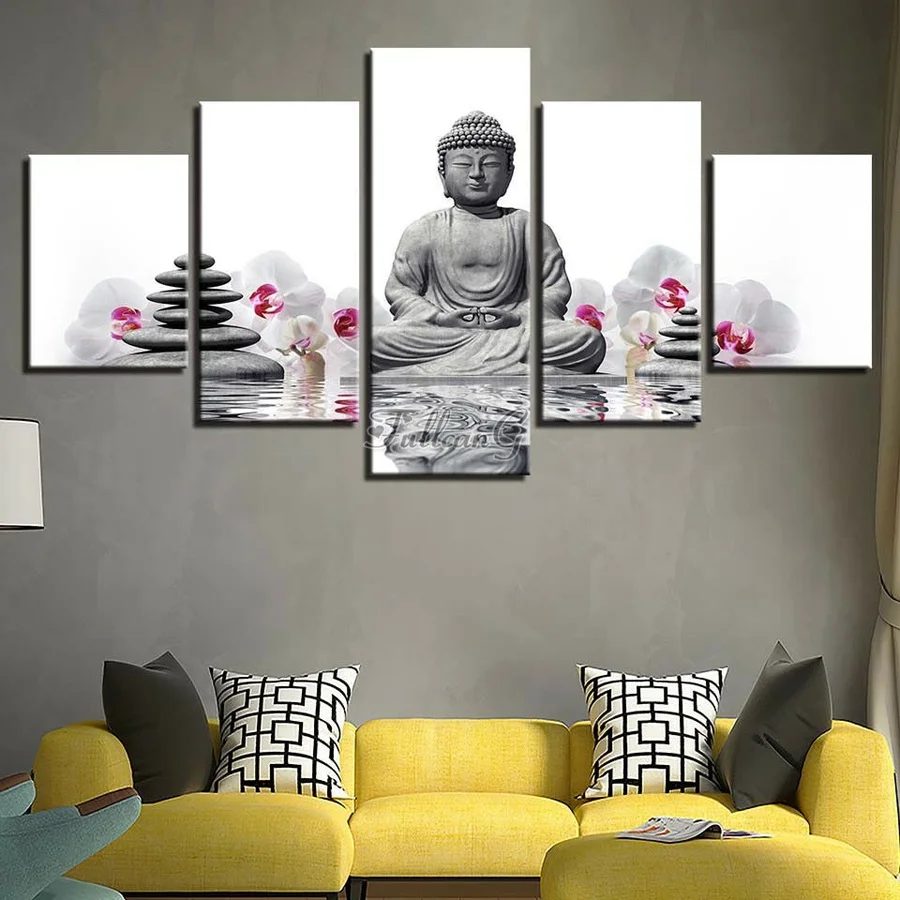 5 Piece Diy Diamond Embroidery Meditating Buddha Zen Garden Stone Flowers Full Diamond Painting Mosaic Picture Wall Decor AA4168