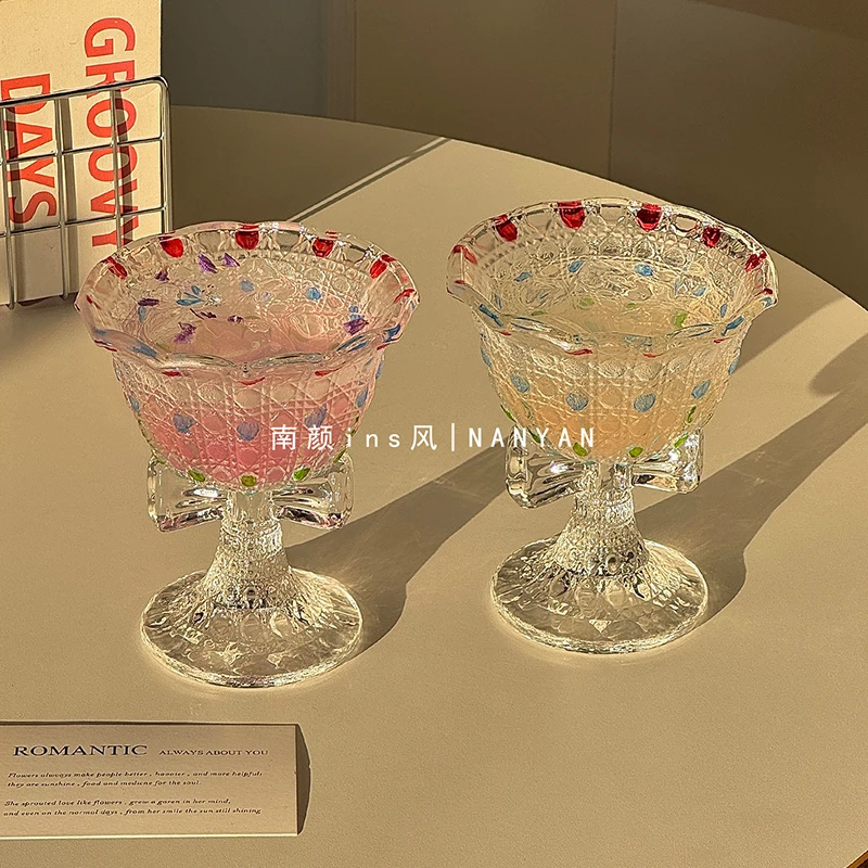 140ml Coloured Drawing Glass 2026 Household Vintage Beverage Stemmed Cup High Aesthetic Bow Champagne Fruit Wine Glasses