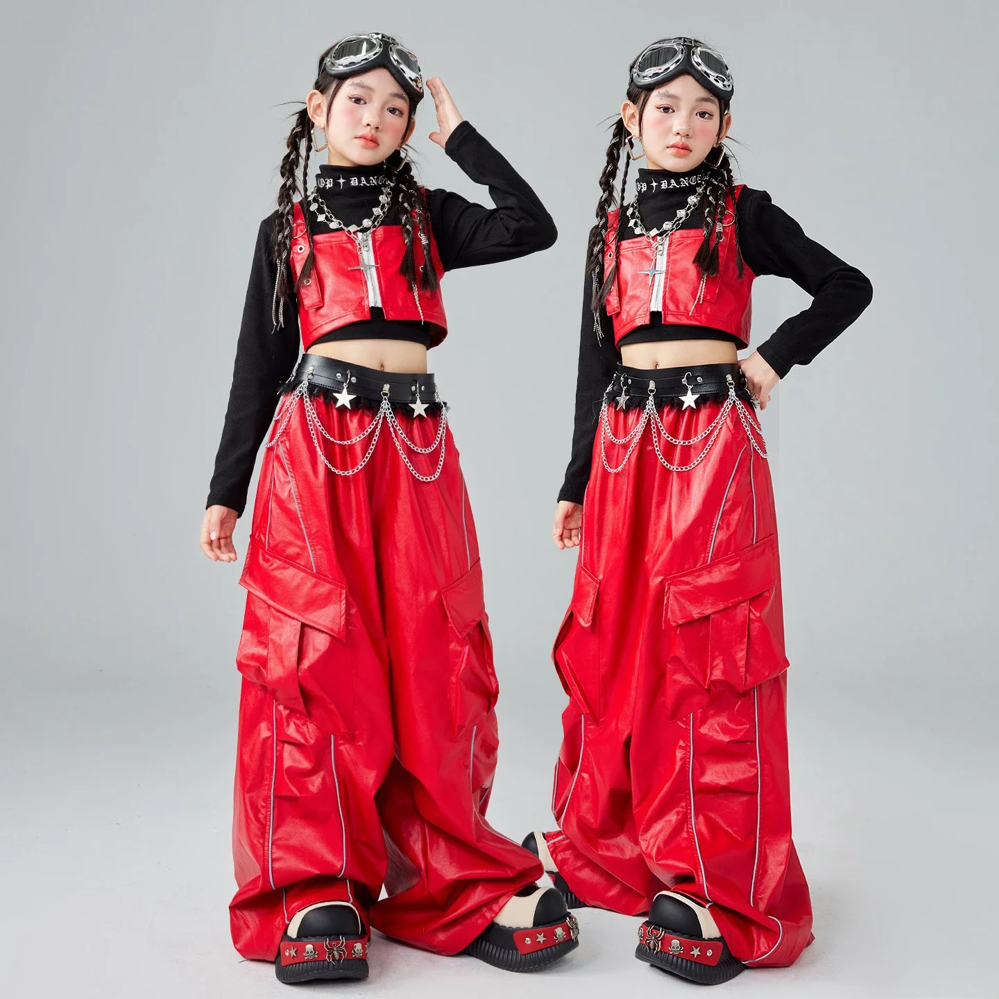 

Одежда для джазовых танцев для девочек 2025 г., красный кожаный жилет, брюки-карго, одежда для выступлений в стиле хип-хоп, детская одежда Kpop, сценический костюм BL18302