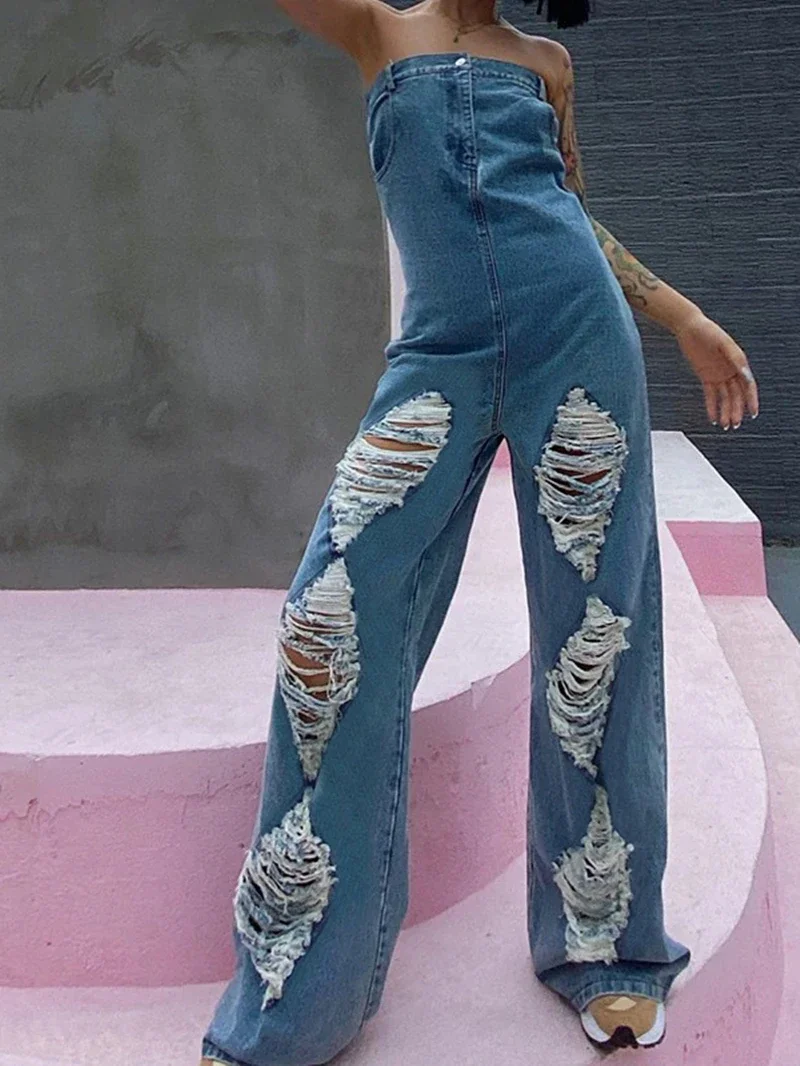Fashion Ripped Denim Jumpsuits Summer Clothing Women 2026 Holes Strapless Straight Jeans Rompers Playsuits One Pieces Overalls