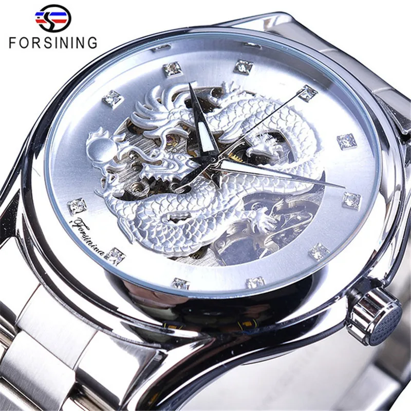 Free Shipping OUTLETSforsining European American Style Men's Fashion Casual Steel Belt Dragon Watch Hollow out Waterproof Automa