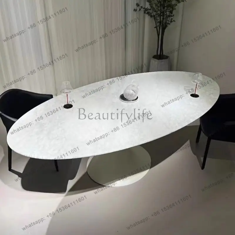French simple marble oval dining table rock slab round table designer furniture beauty salon workbench