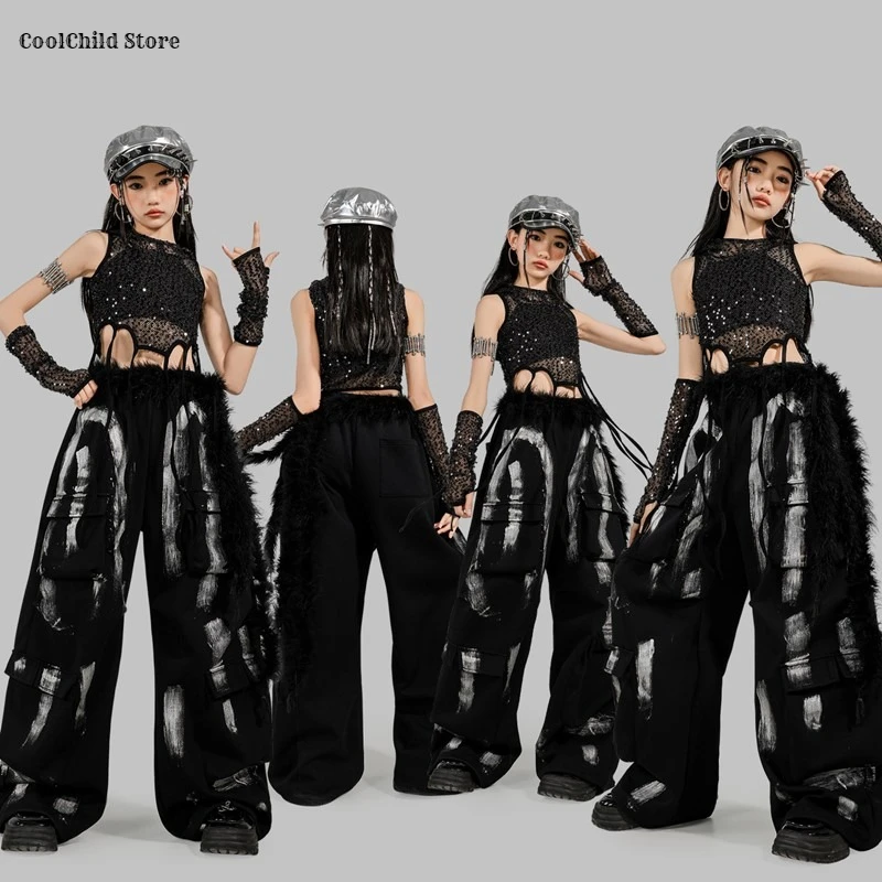 

Girls Hip Hop Sequin Mesh Crop Hoodies Cargo Pants Child Street Dance Costume Kids K-pop Streetwear Jazz Girl Group Clothes Sets