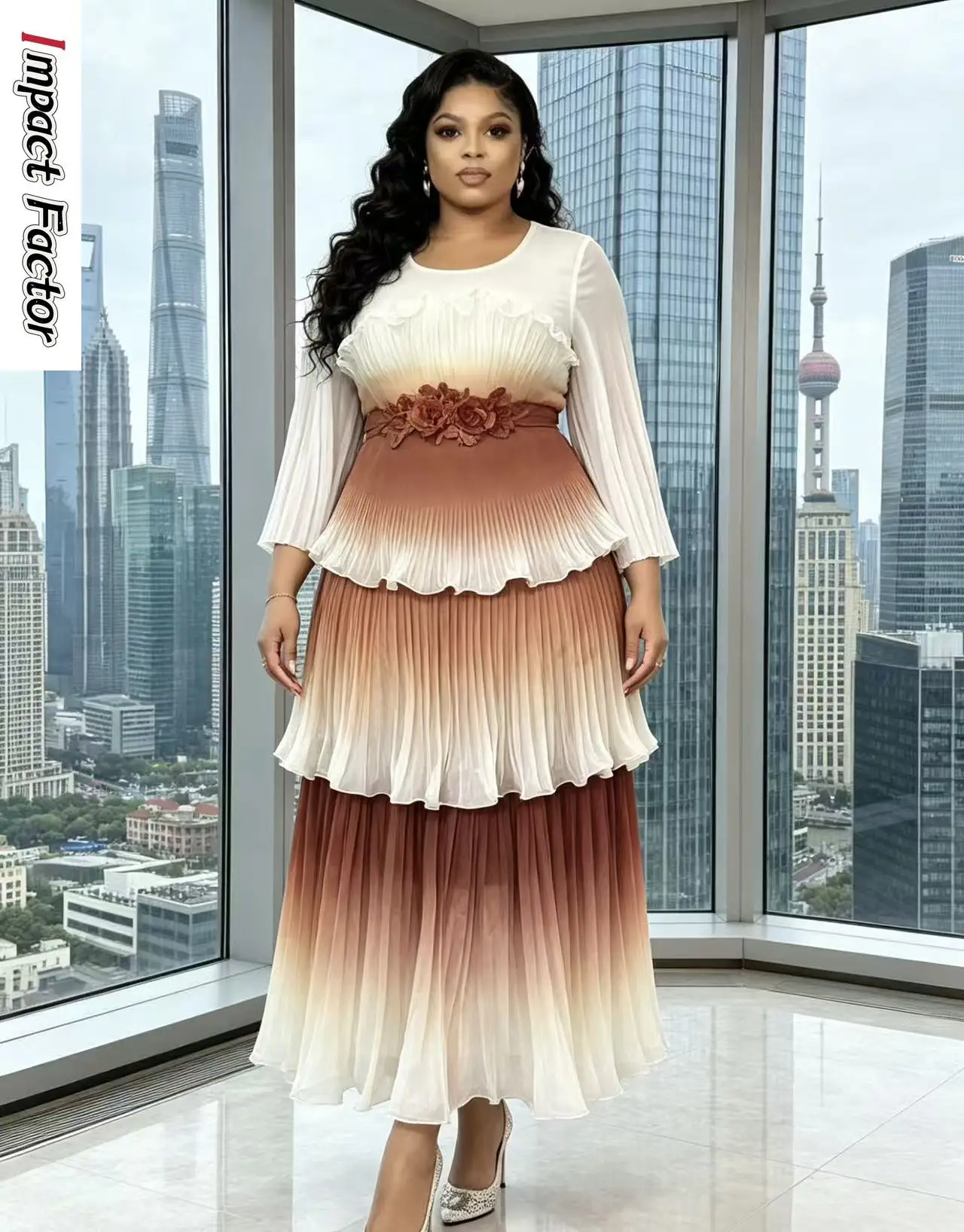 Miyake 2026 New High-end Banquet Pleated Dress Fungus Edge Decorative Printing Gradual Change Light Luxury Dress