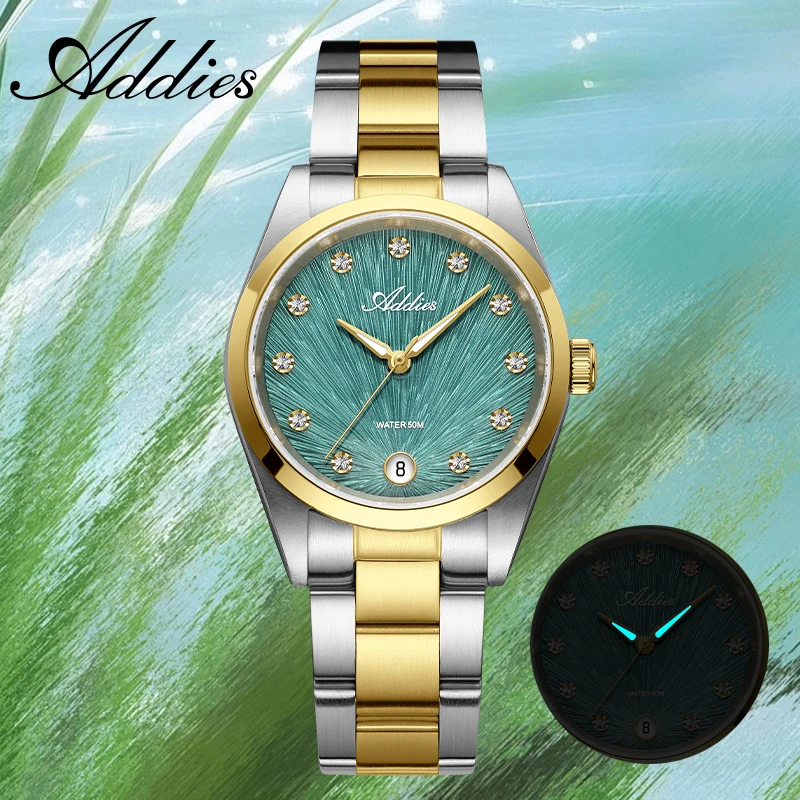 ADDIES AW25916 Ladies Quartz Watch Colorful Dial Crystal Rhinestone Markers Sapphire Crystal 316L Steel Bracelet Elegant Watches