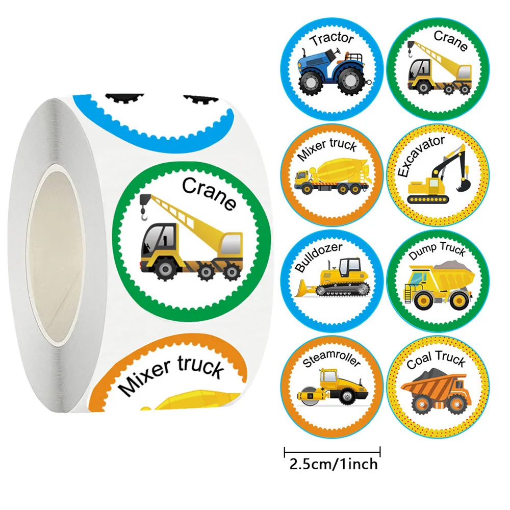 500pcs/Roll Cartoon Engineering Vehicle Stickers Reward Stickers Home Party Candy Label Baking Gift Sealing Sticker