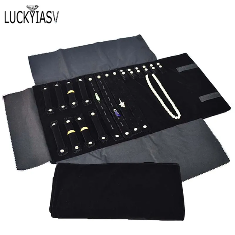 Wholesale Jewelry Roll Bag Portable Carring Case Black Velvet Organizer Multi Functional Necklace Rings Earrings Storage Box