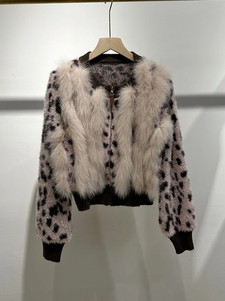 2026 Autumn Women Real Natural Fox Fur Oversized Cardigan Spring Special Design Leopard Print Sweater Wear Outwear - view 3