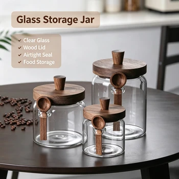 Glass Food Storage Containers with Wooden Lids and Scoop Glass Sealed Jar Airtight Food…