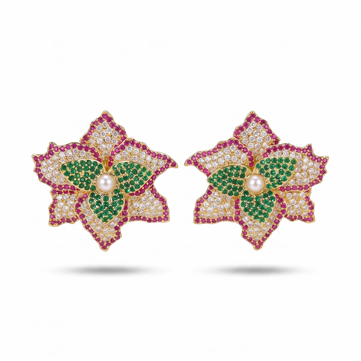 SENYU Jewelry Big Flower Pearl Center Stud Earrings Full Micro Paved Colorful CZ Layered Petal Post Earrings French Chic Jewelry