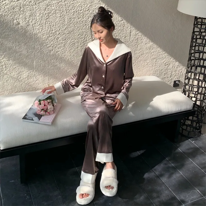 

Autumn Winter New Sleepwear Luxury Velour Pajamas Set Female Button Down & pants Pyjamas Loose Nightwear Casual Home Clothes