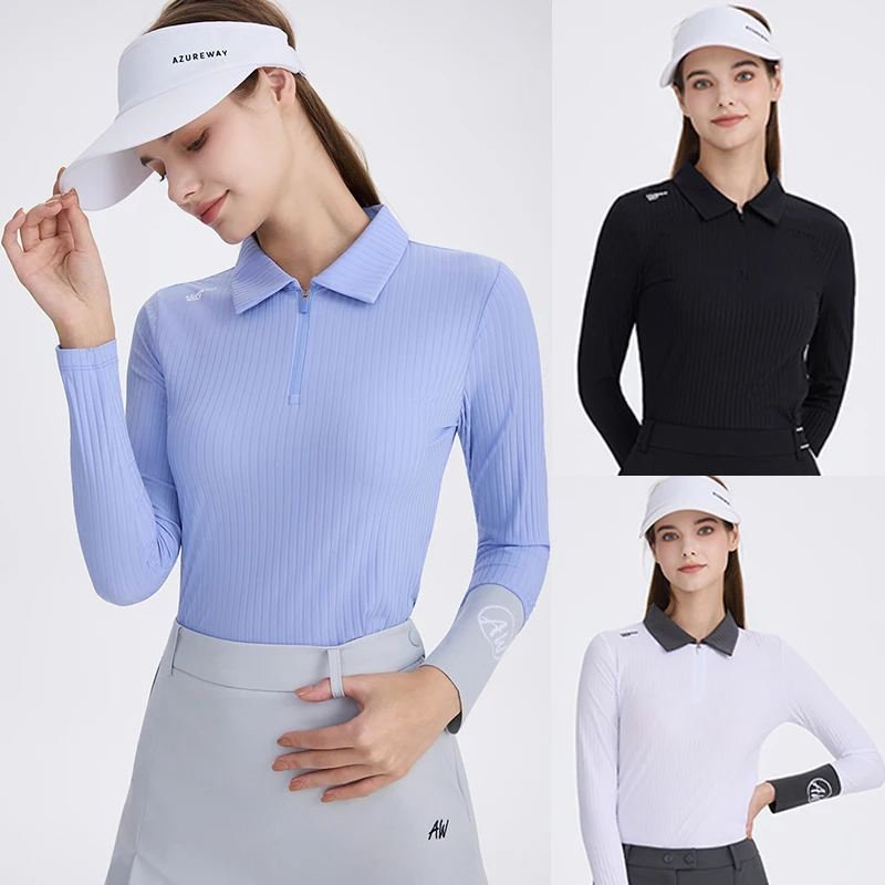 AW Autumn Women's Long-Sleeve Polo Shirt Spring Soft Golf Wear Slim Stretch UV-Protective Breathable T-Shirt Zipper Collar Tops