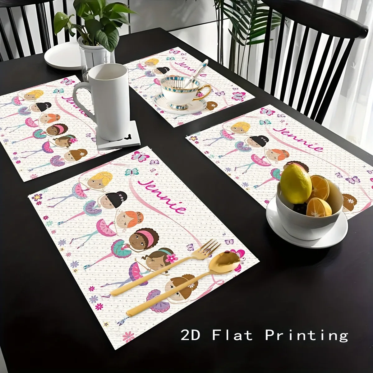 1/2/4pc Fashionable Pink Girl Ballet Personalized Name Custom Place Mat Easy-to-Clean Placemat for Dining Room Table Decoration