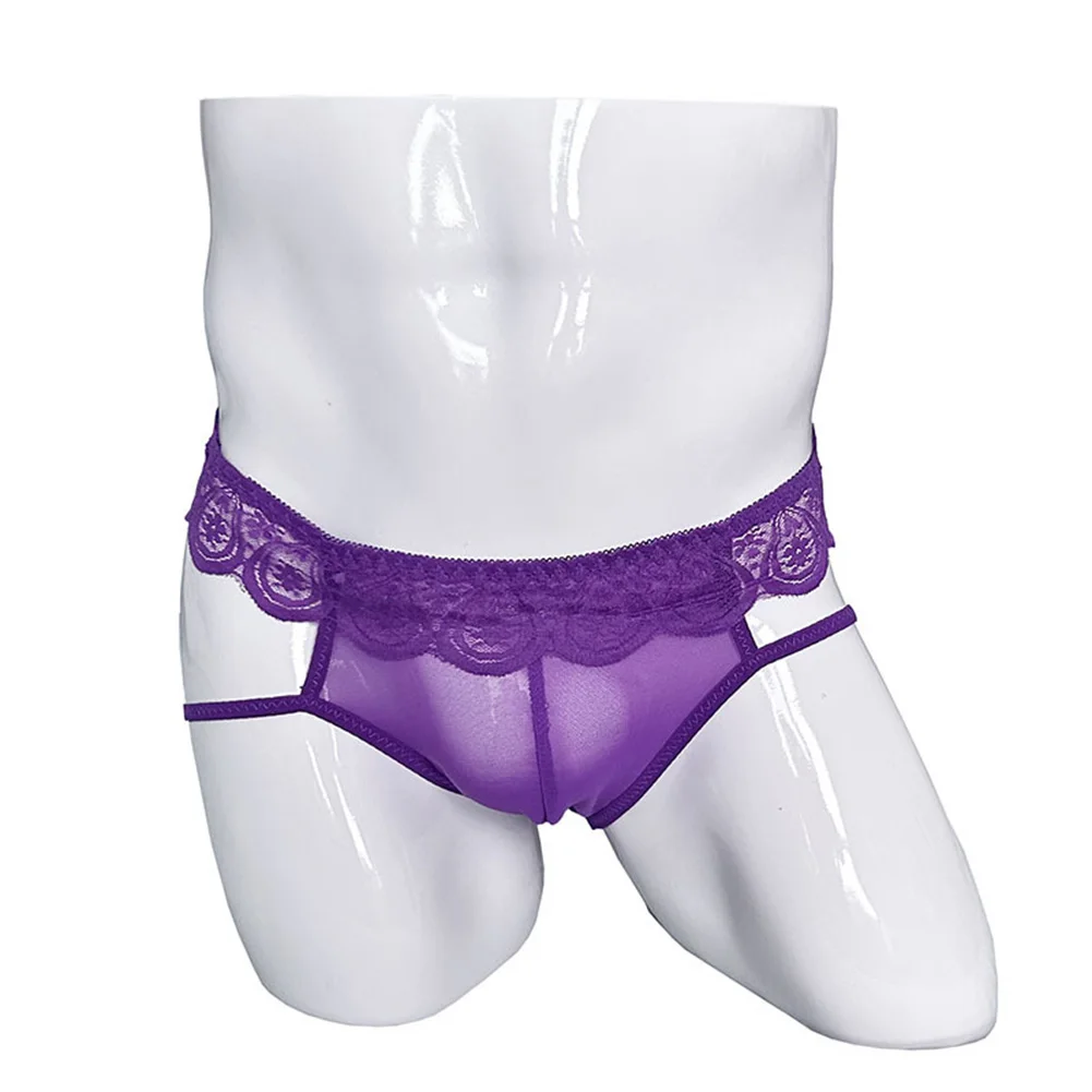 

Sexy Men Bottoms Lace Trim Mesh Transparent G-strings Underwear Breathable Comfortable Lingerie Bikini Panties