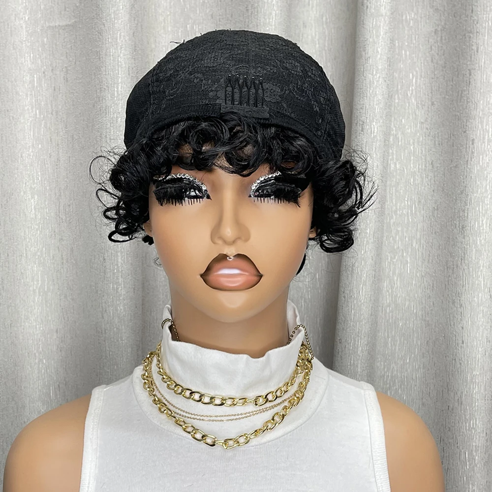 アフロローズショートキンキーカーリー人毛フルマシンウィッグ（前髪付き）ふんわり弾むウィッグ自然な見た目カジュアルウィッグ