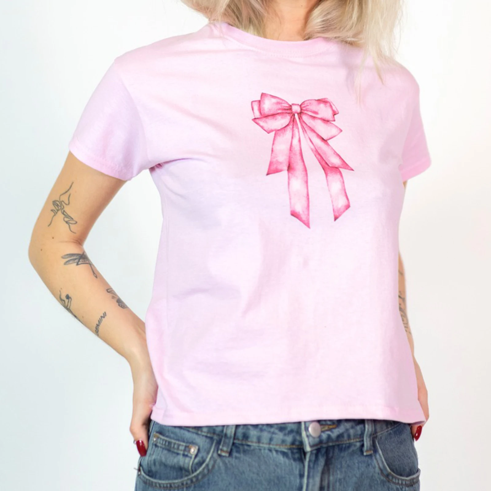 Verão feminino manga curta camisetas fino em torno do pescoço doce arco impressão colheita topos casual streetwear roupas