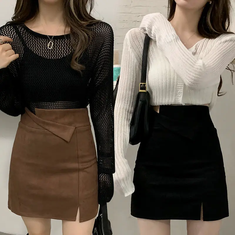 Korean Fashion Herbst Winter Woolen Frauen Solide Zipper Asymmetrische Split Temperamen Hohe Taille Kurze Schlanke A-line Hüfte Wrap Rock