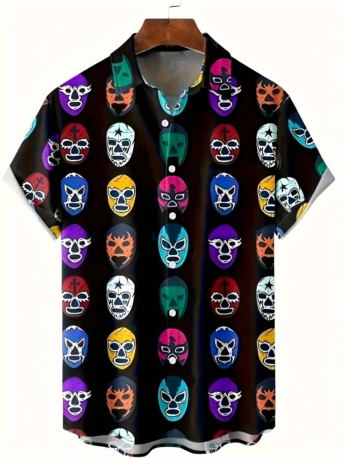 Unisex Loose Button Down Shirt Retro Mexican Wrestling Mask Graphic Print Camp Collar Short Sleeve Party Leisure Tops