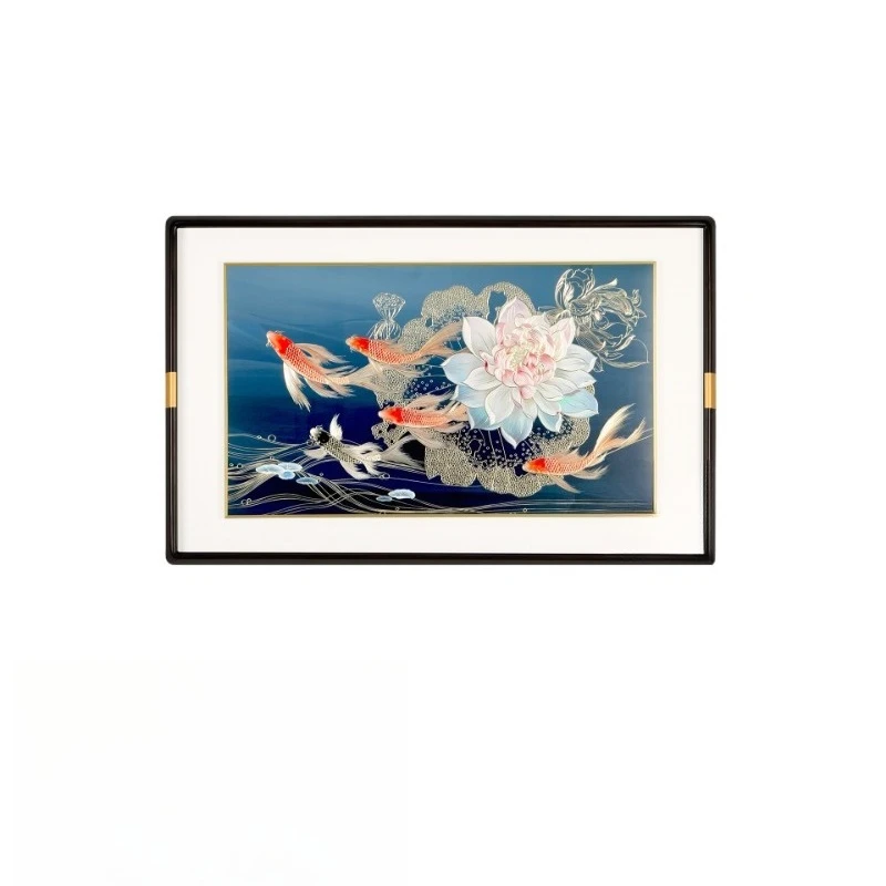 Bronze carvings in the dining room, lotus fish decorative paintings, new Chinese koi hanging paintings, modern simple horizontal
