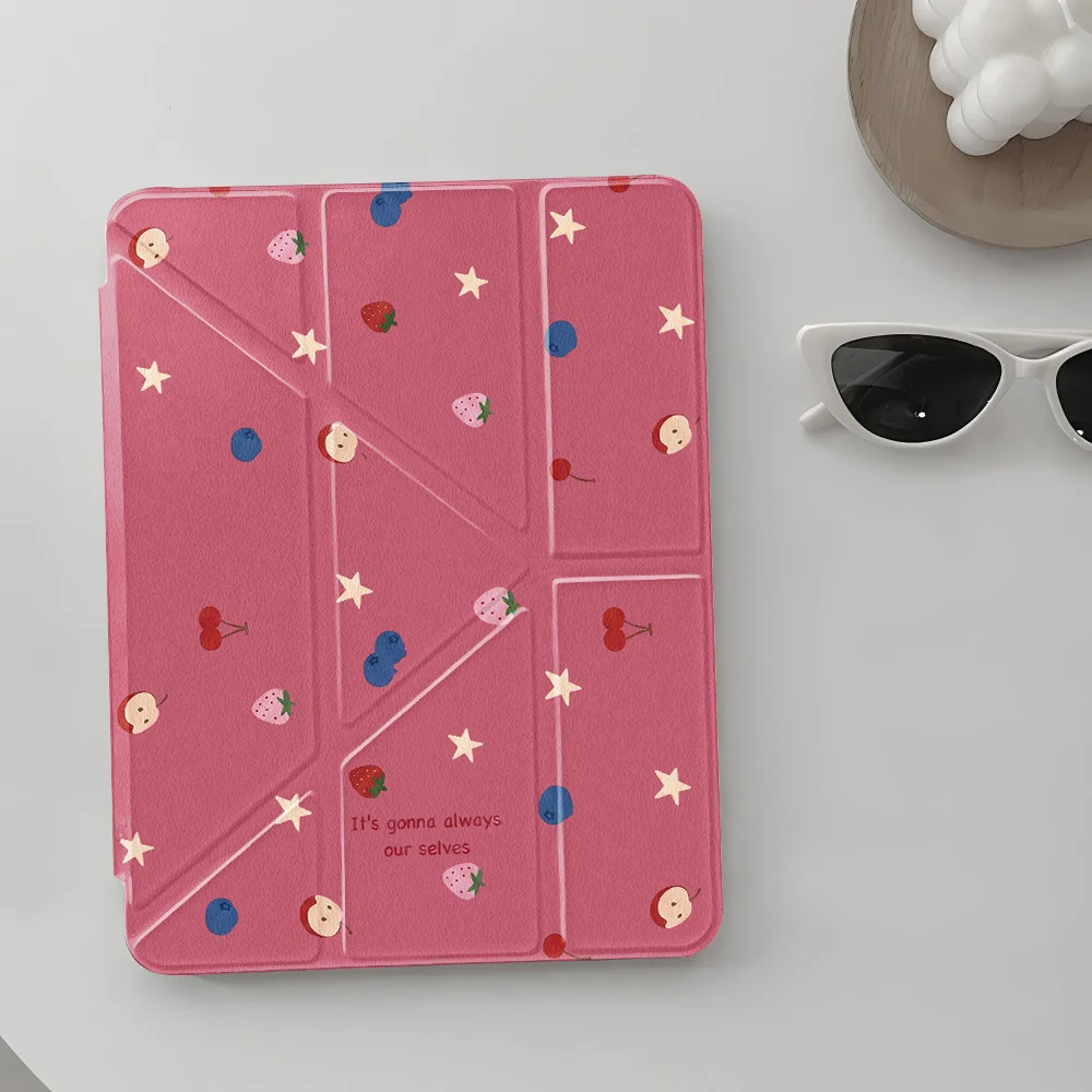 INS Sweet Fruit Pattern Y‑shape Tri‑Fold Tablet Protective Cover for Apple iPad Pro 12.9 13 11 Air 4 5 11 Mini 6 7 8.3 Inch Case