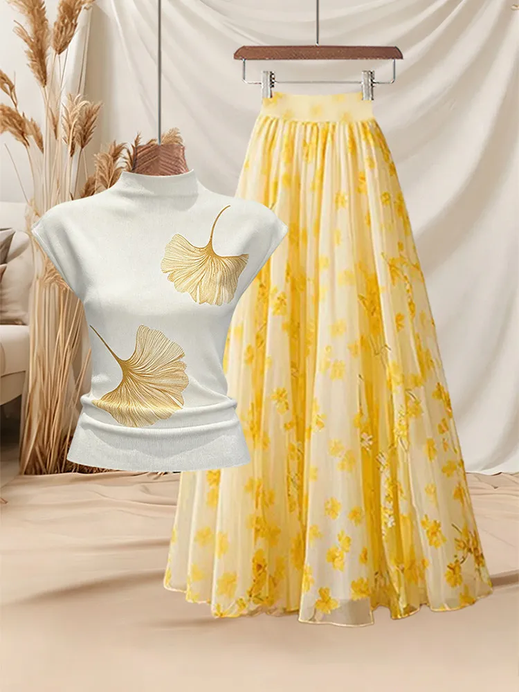 Autumnal Silver Maple Leaf Pattern Half High Collar Top And Floral Half Skirt Set Women's Fashion Two-Piece Suit Summer Vacat...