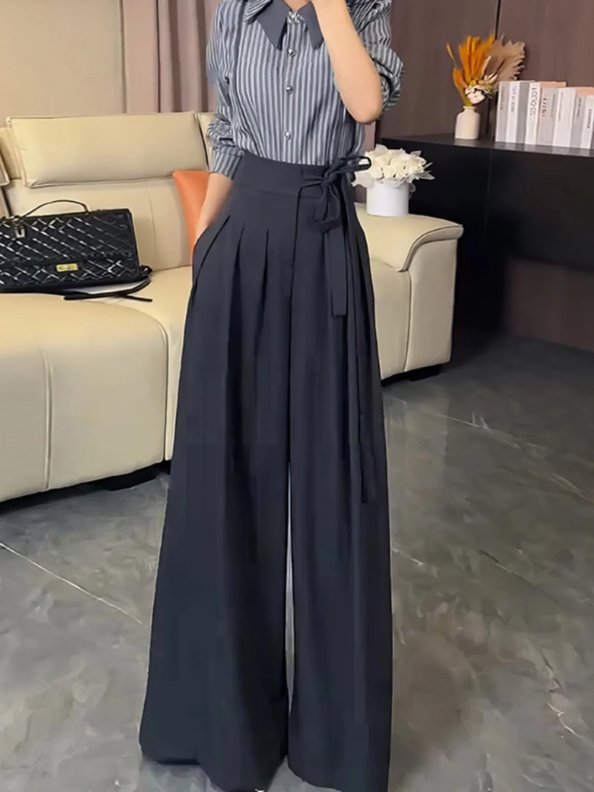 Korean Royal Sister Style Gray Suit Pants Women's 2025 New High Waist Drape Strap Design Wide Leg Korean Royal Sister Style Gray Suit Pants Women's 2025 New High Waist Drape Strap Design Wide Leg