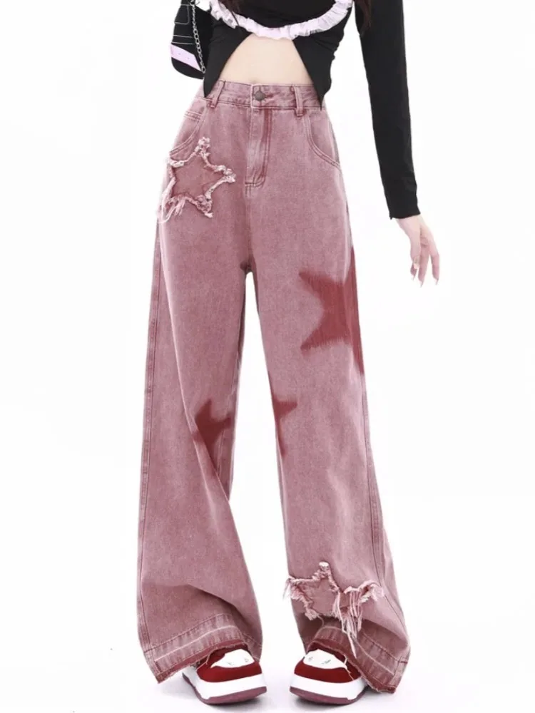 

HOUZHOU American Retro Y2K Jeans Women Star Raw Edge Splicing Loose Wide Leg Denim Pants Female Pink Embroidery Trousers