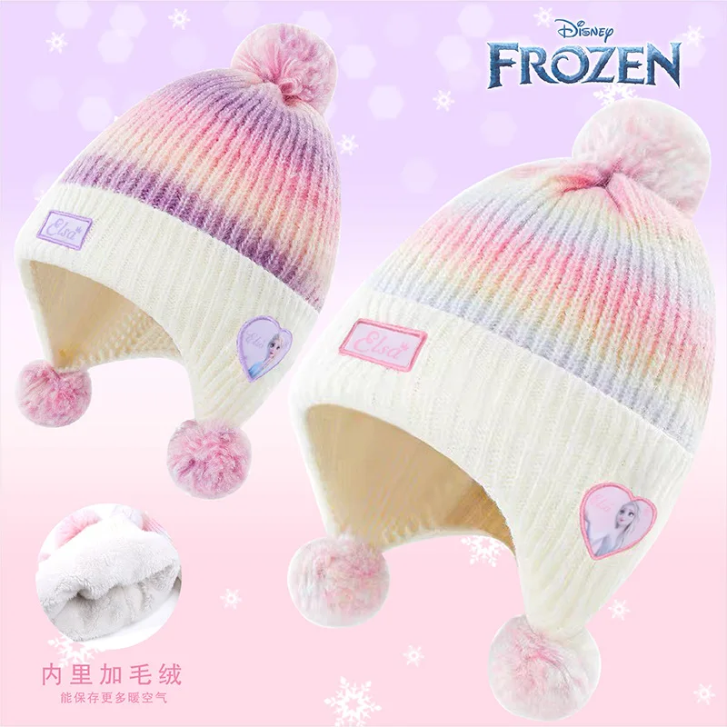 

Kawaii Disney Princess Elsa Frozen Children's Velvet Ear Protection Hat Autumn/Winter Warm Knitted Hat Cute Girl Gift