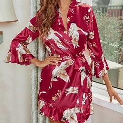 CINOON Women Home Night-robe Dresses Sexy Printed Nightgown Lingerie Ladies Silk Pajamas Bathrobe Home Cardigan Homewear Robe