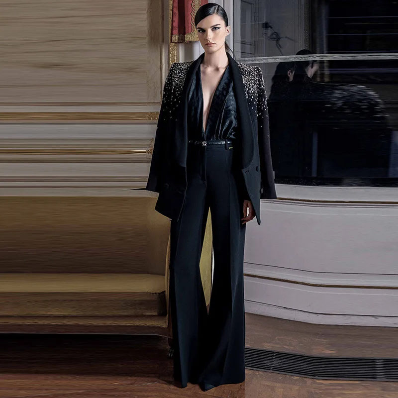 

New Fashionable Commuting Socialite Temperament Diamond Studded Hollow Out Long Sleeved Suit+Long Pants Two-Piece Set