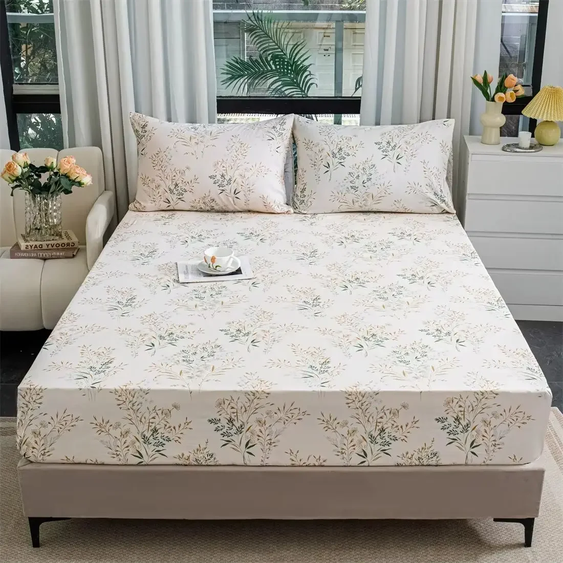 

Light Floral Fragments Bed Fitted Sheets Bedsheet Mattress Cover with Elastic Microfiber ( No Pillowcase) Bed Cover