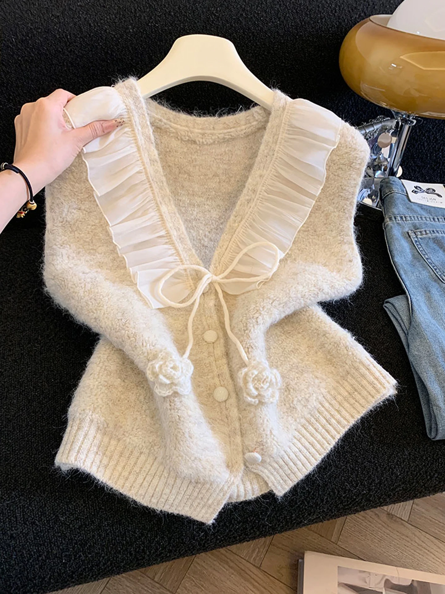 

Модный вязаный жилет с кружевной отделкой, женский осенне-зимний многослойный кардиган небольшого размера с высокой талией, прямой крой