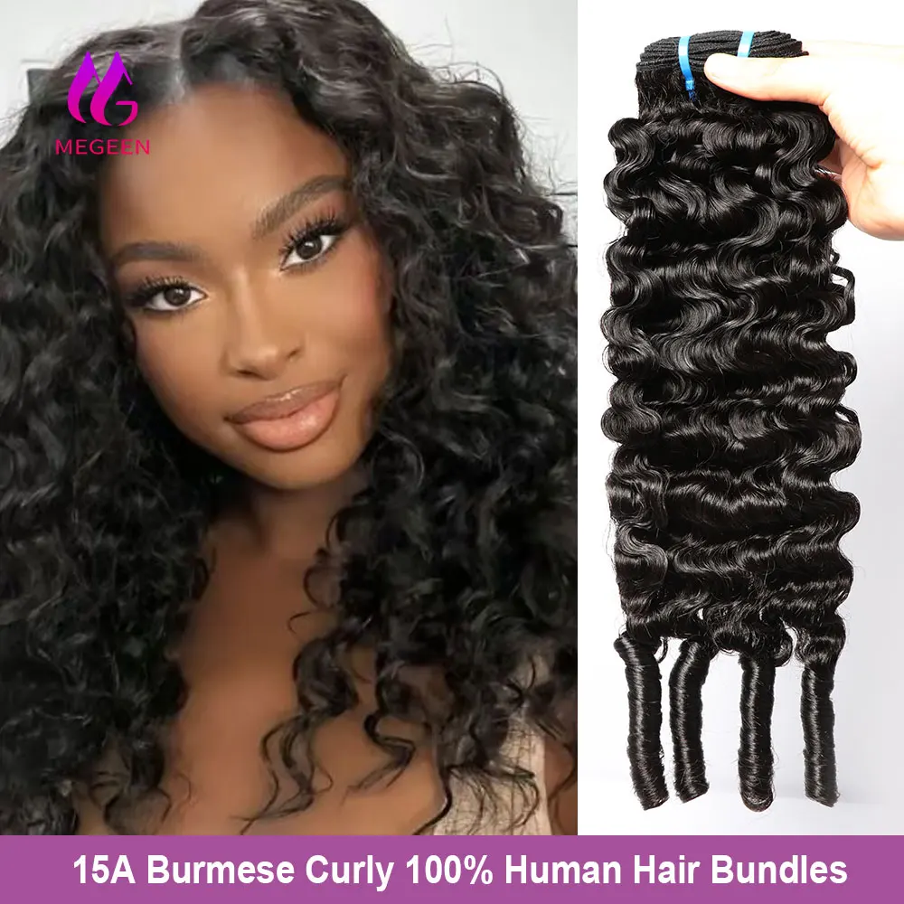 Megeen 1/3/4Pcs 15A Unprocessed Virgin Hair Human Hair Burmese Curly Bundles with Spriral Ends Deep Wave Weave Hair Extensions
