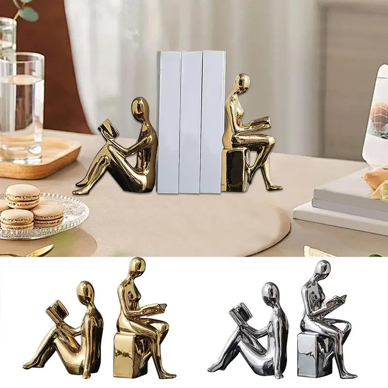 Book Ends For Shelves Decorative 2X Abstract Statue Design Heavy Duty Modern Bookends Decorative Anti-Slip Ceramic Books Storage