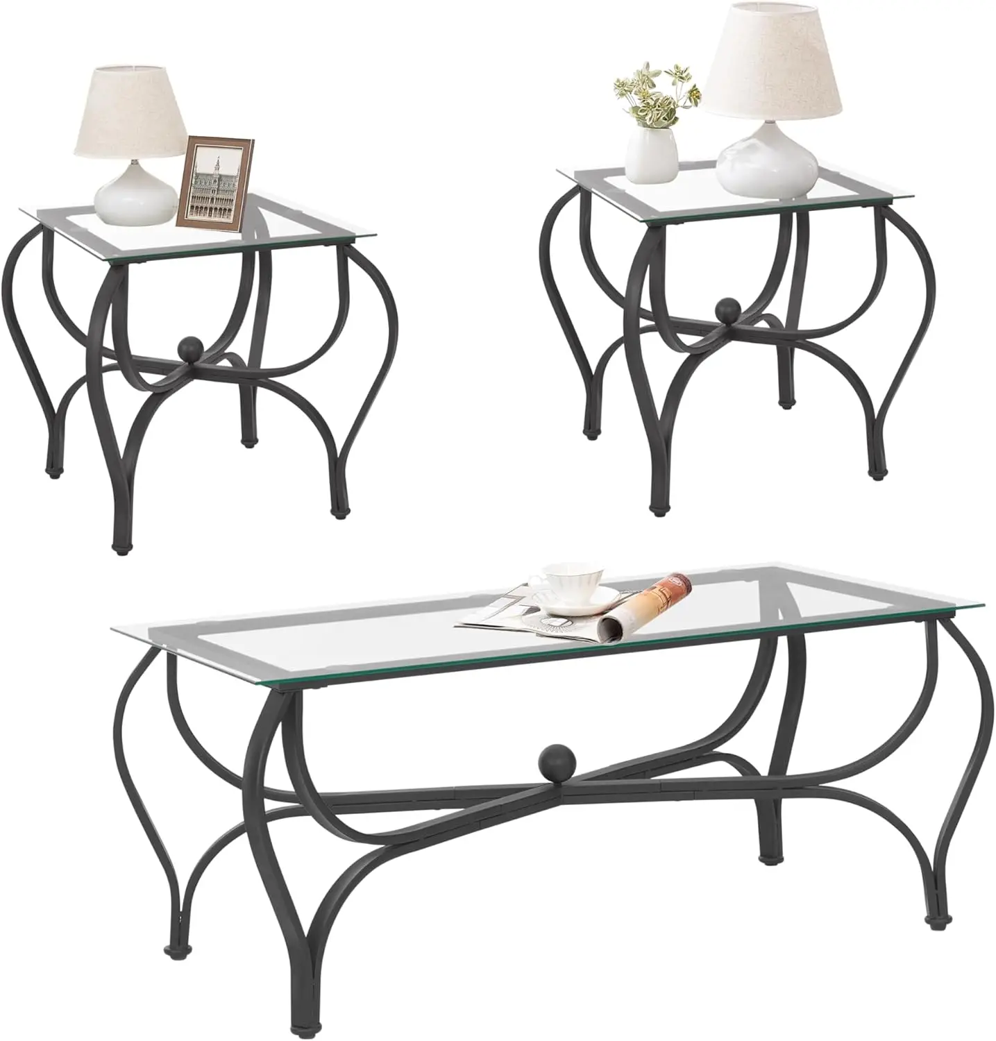 3-Piece Tempered Glass Coffee Table & Side Table Set 1