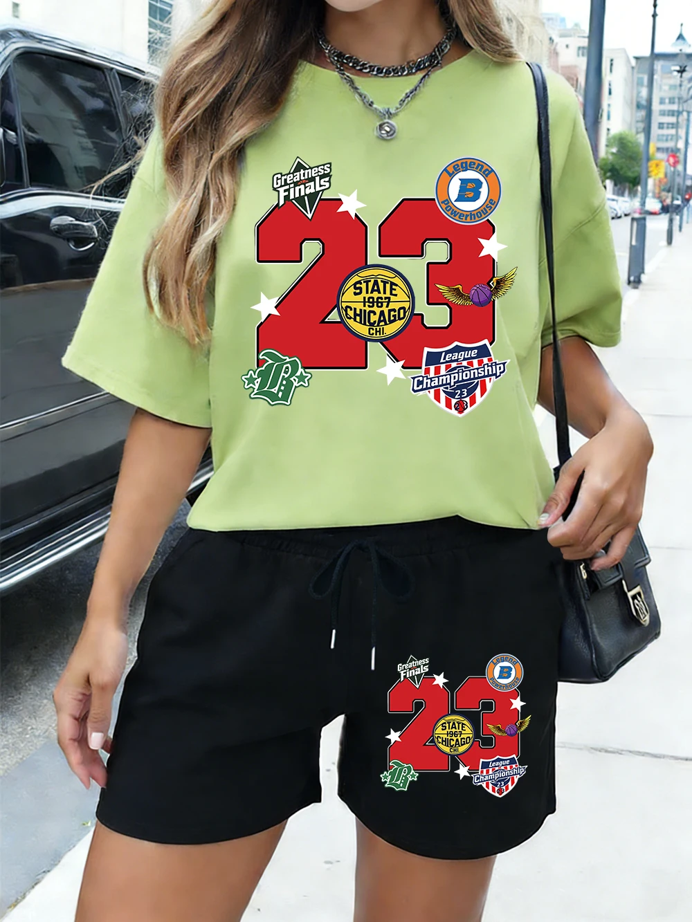 Conjunto de Dos Piezas Casual para Mujer, Camiseta y Pantalones Cortos de Algodón Estampados con el Logotipo de los Chicago Bulls 1967, Estilo Oversize con Cuello Redondo, Ropa de Verano
