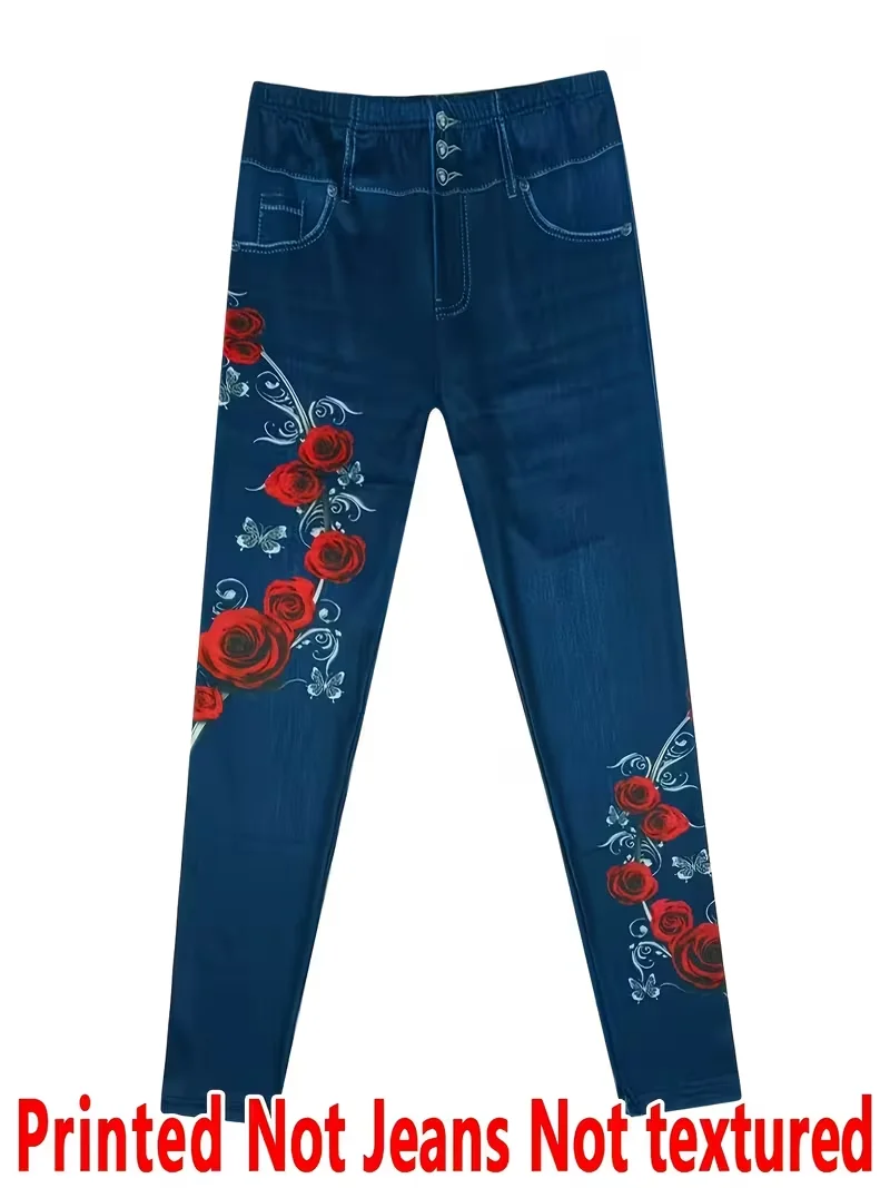 Bedruckte Leggings für Damen, kein Denim-Stoff, Hosen mit aufgesetzter Tasche und Knopfdruck-Design, hochelastisch, modisch, schmal geschnitten, lässig – Detail 4