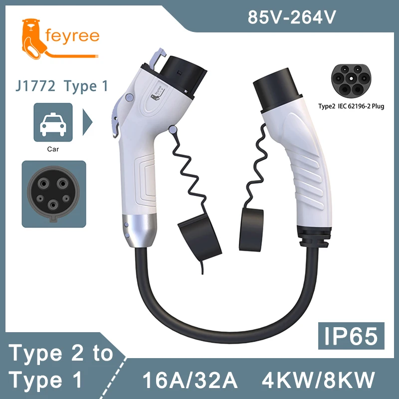 Lado do carro adaptador de carregamento para estação de carregamento, macho Power Supply, elétrico EV Charger Plug, Tipo 2 para J1772, Tipo 1, 16A, 32A