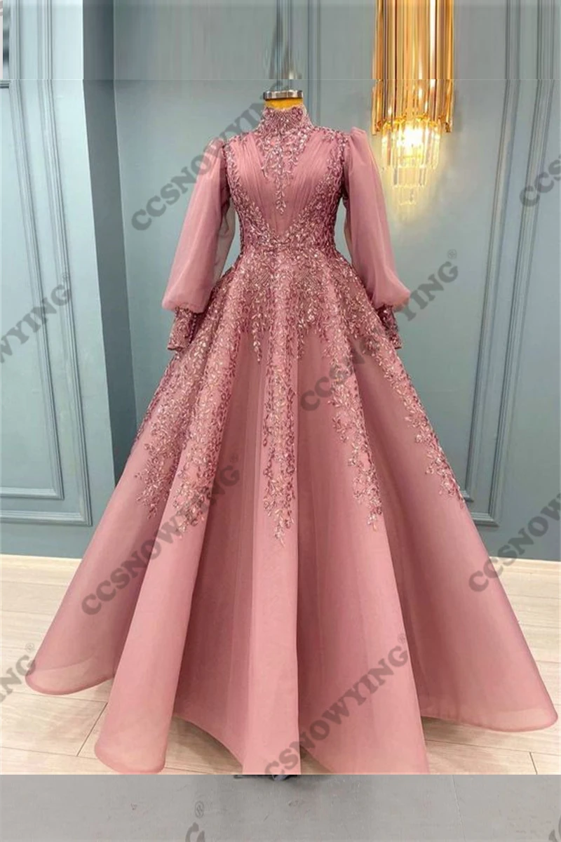 

Organza Appliques Full Sleeve Muslim Evening Dresses Islamic High Neck Hijab Women Formal Party Gown Arabic Dubai Robe De Soiree