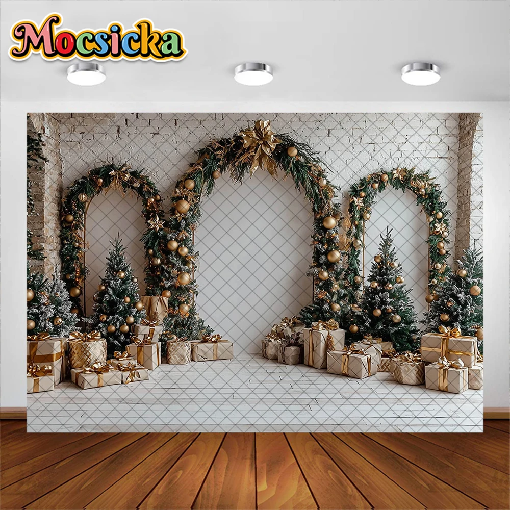 Christmas Photography Background Arched Garland Golden Xmas Gift Decoration Boy Girl Portrait Photo Backdrops Studio Props