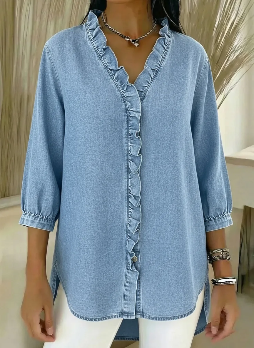 Women's Solid Color V-Neck Blouse 3/4 Sleeve Button Front Ruffle Placket High Low Hem Shirt Casual Denim-Like & Boho Outfit