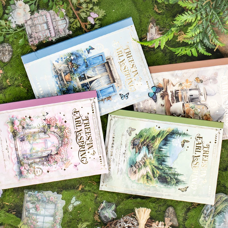 

Mr Paper, 2 styles 40 pcs/bag early spring trees vintage material pet double transparent sticker book laptop stickers